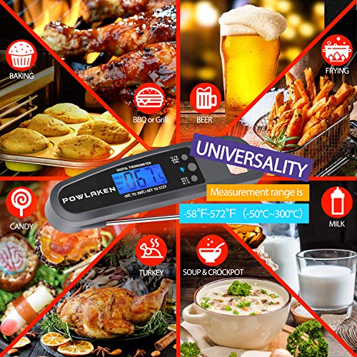 Powlaken Meat Food Thermometer for Grill and Cooking, Instant Read Waterproof Digital Kitchen Thermometer Probe for Grilling Smoker Oil Deep Fry Candy (Grey)
