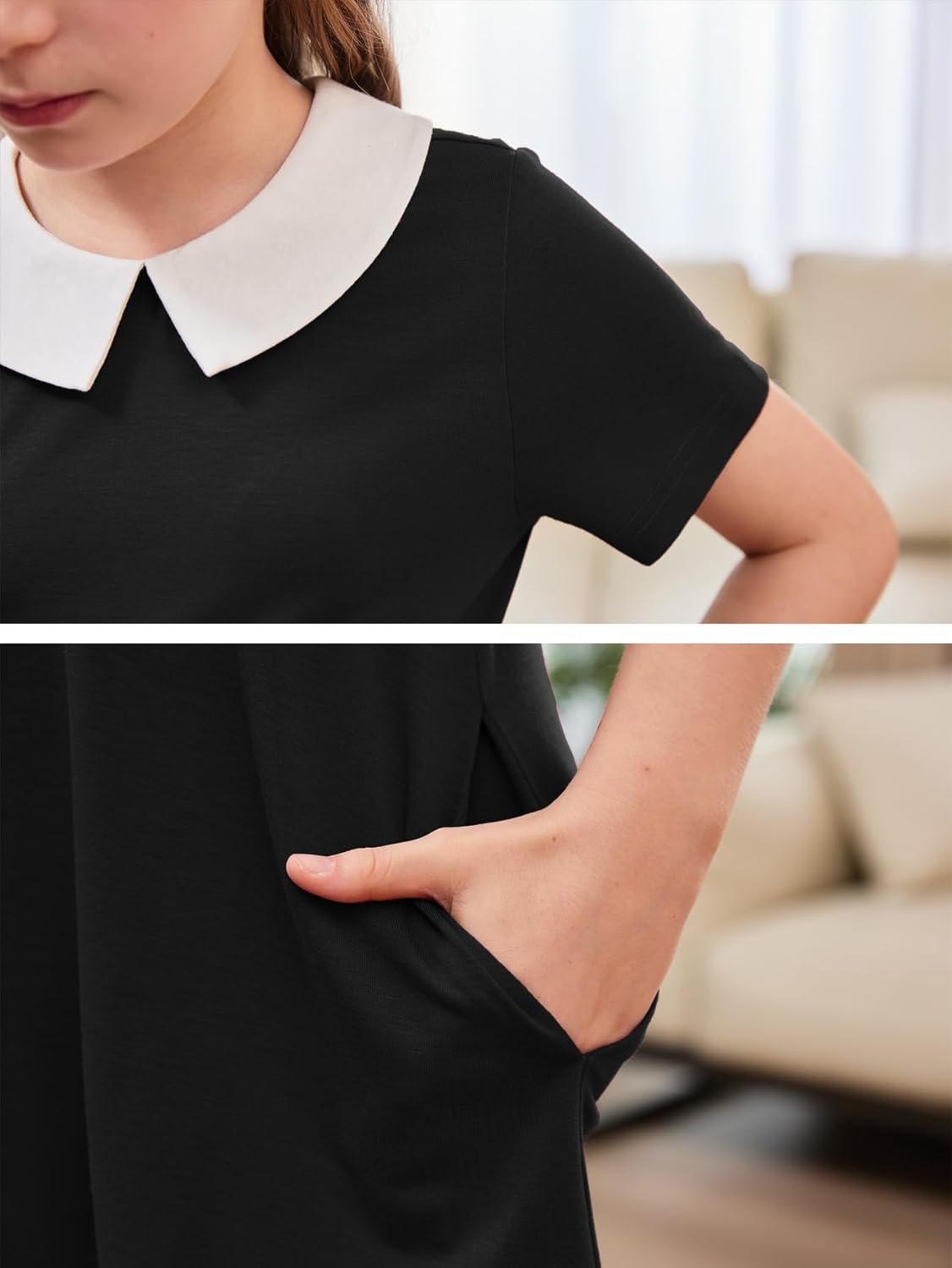 GORLYA Girls Vintage Collar Casual Loose Straight Swing T-Shirt Dress with Pockets 4-14Y - Image 6