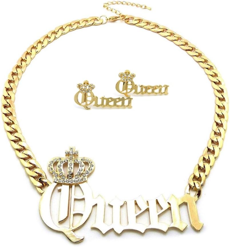 New Iced Out 'Queen' Pendant &16" Link Chain Fashion Necklace & Earring Set