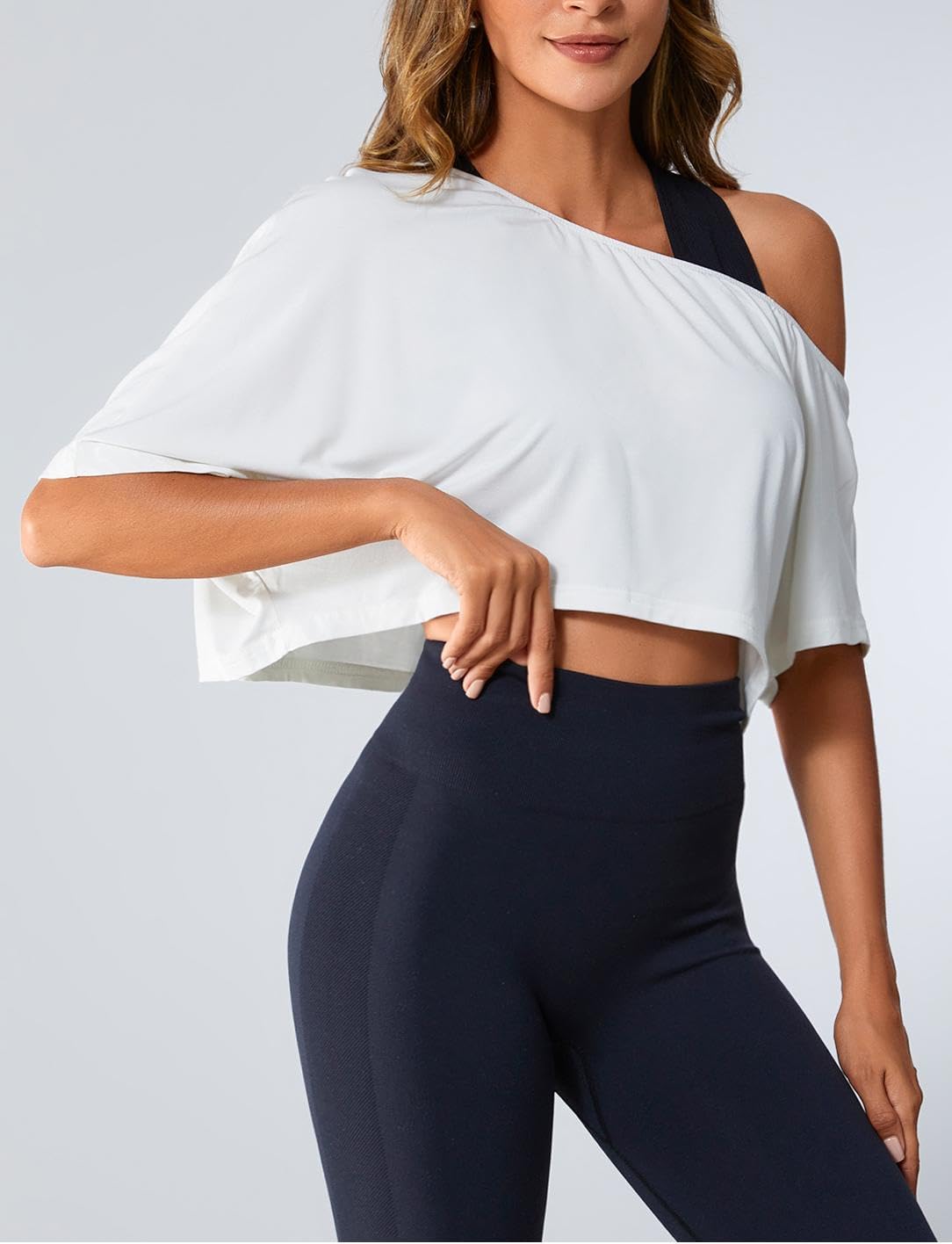 SOLY HUX Women's Off The Shoulder Tee Yoga Workout Crop Top Half Sleeve Asymmetrical Neck Activewear T Shirt - Image 5