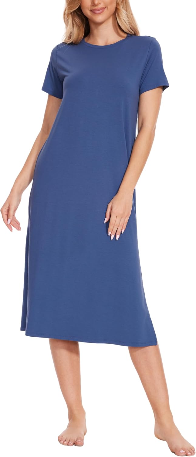 GYS Women's Long Nightgowns Short Sleeve - Bamboo Viscose Nightshirt Soft Sleepwear Summer Maxi Dress with Slit