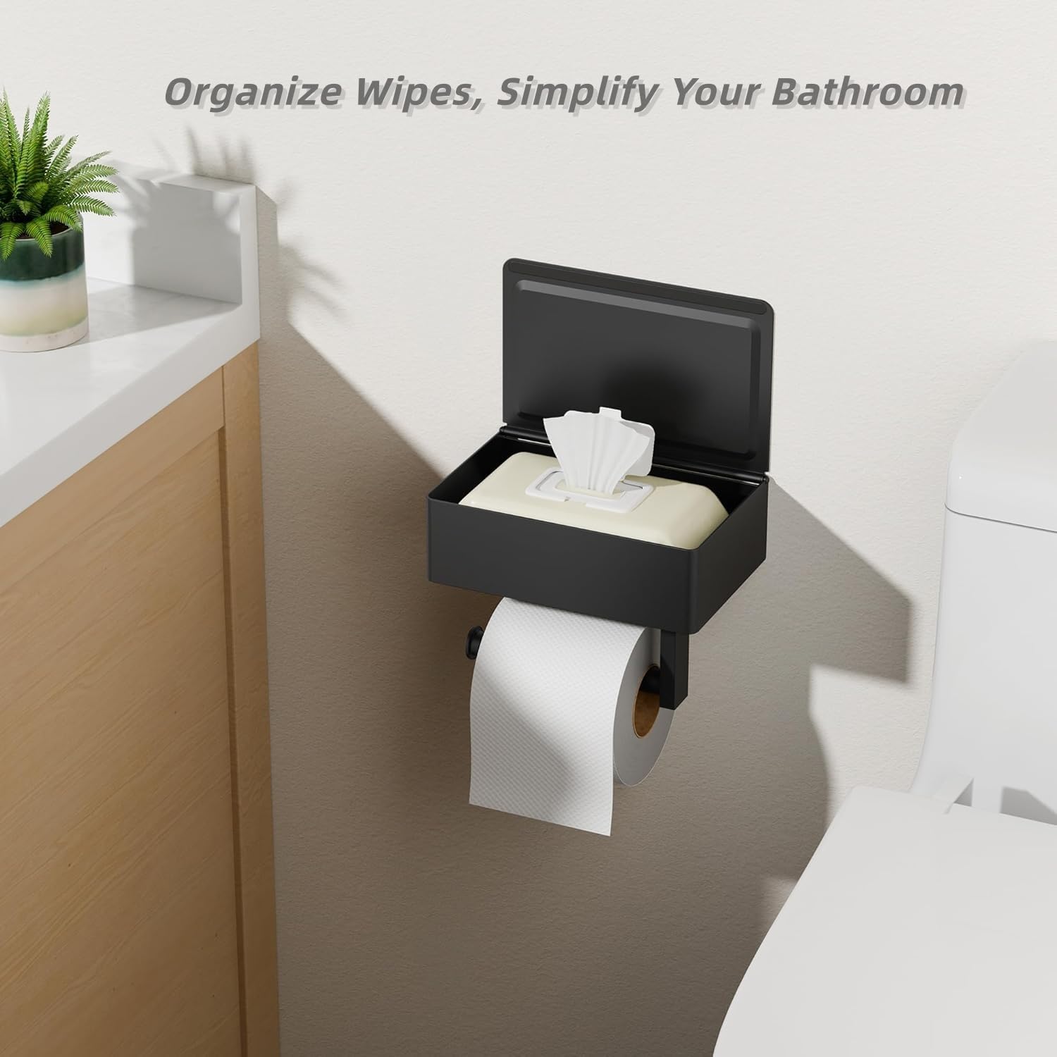 FORIOUS Toilet Paper Holder with Shelf, Sanitary Napkin Receptacle Tampon Holder, Wall Mount Toilet Paper Holder with Storage, Flushable Wipes Dispenser Fits for Bathroom Commercial(1, Matte Black)