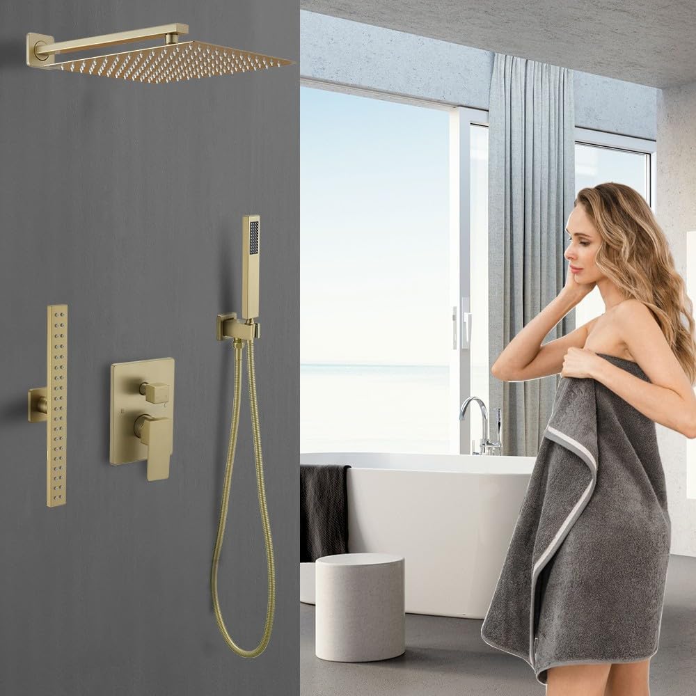 Brushed Gold High Pressure Shower Faucet Set with Extended Rectangular Body Spray Jet 10 Inch Wall Mounted Shower Head Handheld Shower Combo Set with Rough-in Valve