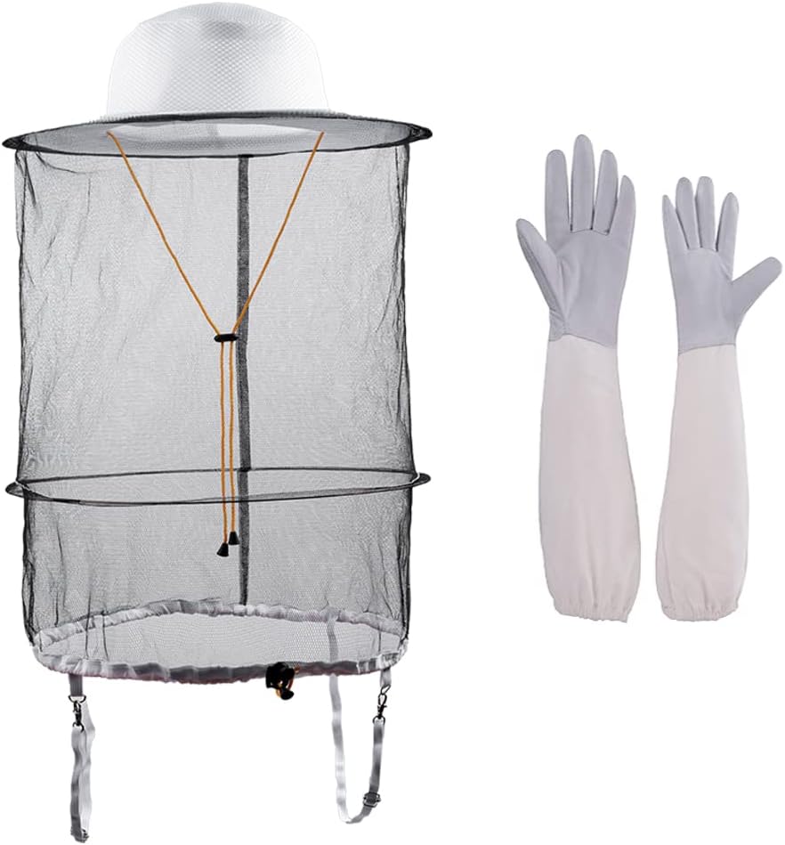 2 in 1 Beekeeping Beekeeper hat and Bee Gloves Insect Bug Mosquito Netting mesh Veil Hood Costumes for Men Women
