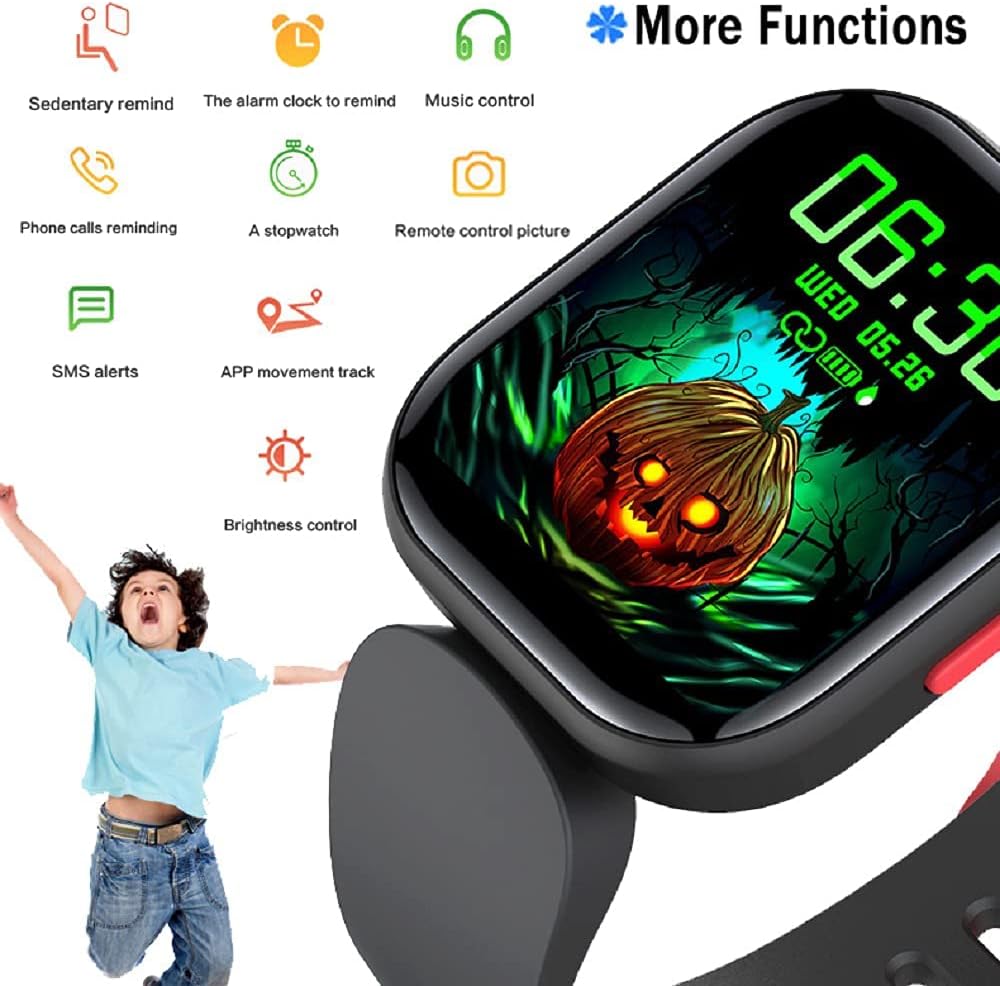 EBAKIN H99 Smart Watch displaying icons for various functions like sedentary reminder, alarm, music control, call alert, stopwatch, remote camera, SMS alerts, APP movement track, and brightness control.