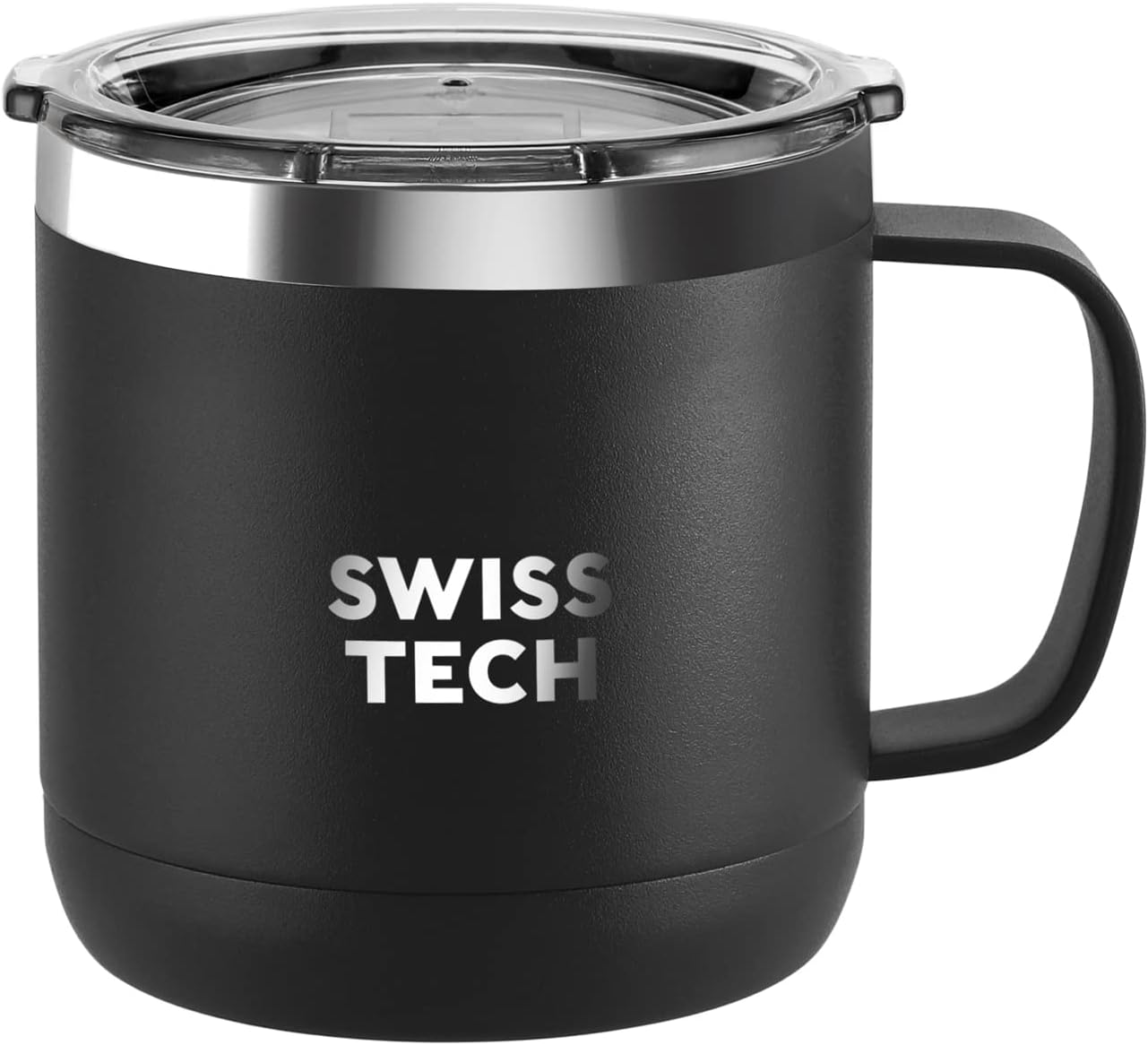 Swiss+Tech 14 oz Coffee Mug, Vacuum Insulated Mug Cup with Lid, Double Wall Stainless Steel Travel Tumbler Cup, Corrosion Resistant, BPA Free (Black)