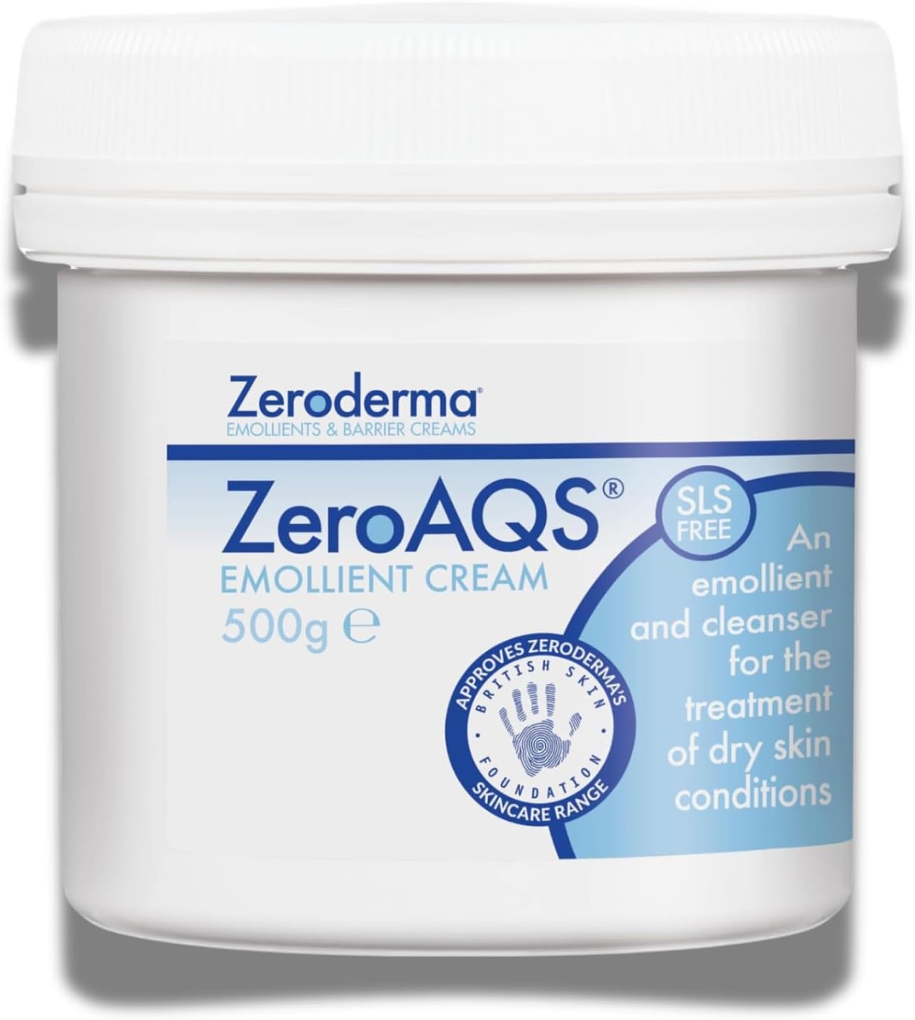 ZeroAQS Emollient Cream, 2-in-1 Emollient & Soap Substitute, adds moisture for the relief of flaking dry skin conditions. 500g