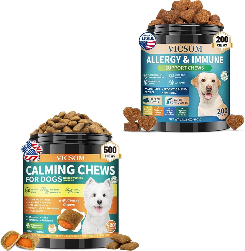 VICSOM Dog Crunchy Calming & Allergy Relief Chews – 500 Crunchy Calming Chews with Chicken Flavor & Krill Core, 200 Allergy Chew for Dogs, Itching, Stress & Allergy Relief – All