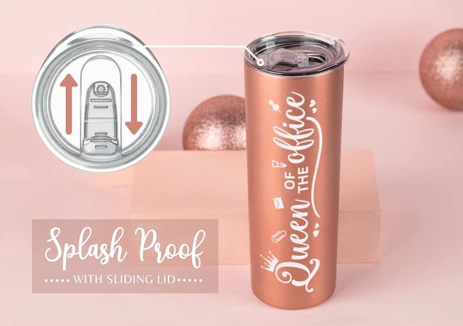 Onebttl Secretary Gifts for Woman, Funny Administrative Professional Day Gifts for Appreciation, Christmas, Birthday, 20oz Stainless Steel Insulated Skinny Tumbler - Queen of the Office RoseGold - Image 4