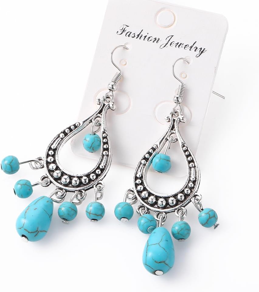 Boolavard Turquoise Bohemian Dangle Earrings for Women, Turquoise Dainty Teardrop Drop Earrings Boho Hoop Healing Stone Earrings Jewelry Gifts - Image 6