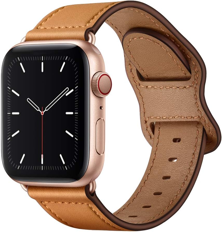 KYISGOS Compatible with iWatch Band 41mm 40mm 38mm, Genuine Leather Replacement Band Strap Compatible with Apple Watch SE Series 7 6 5 4 3 2 1 (Camel Brown/Rose Gold, 41mm/40mm/38mm)