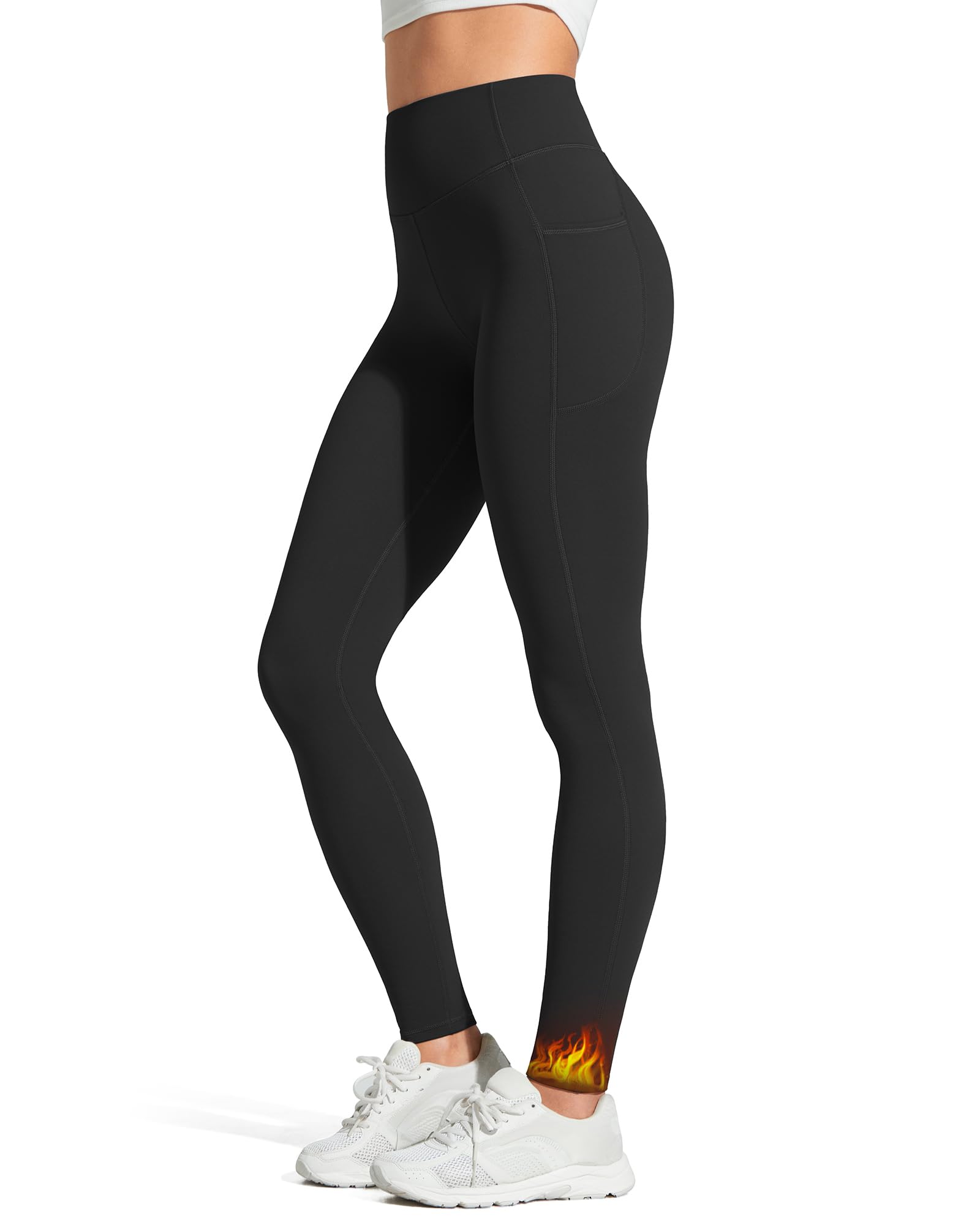 G4Free Barefeel Legging de yoga doublé en polaire avec 2 poches pour femme - Pantalon d'entraînement thermique décontracté - 63,5 cm/68,6 cm