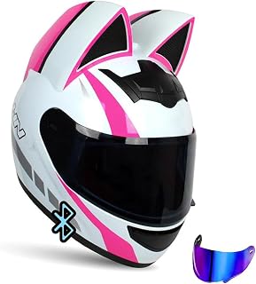 Youth Adult Cool Cute Motorcycle Cat Ear Helmet Full Face Bluetooth Helmet | DOT Approved Personalized Moped Dirtbike Offroad Four-Wheeled ATV Flip-Up Integrated Motorbike Helmet for Women
