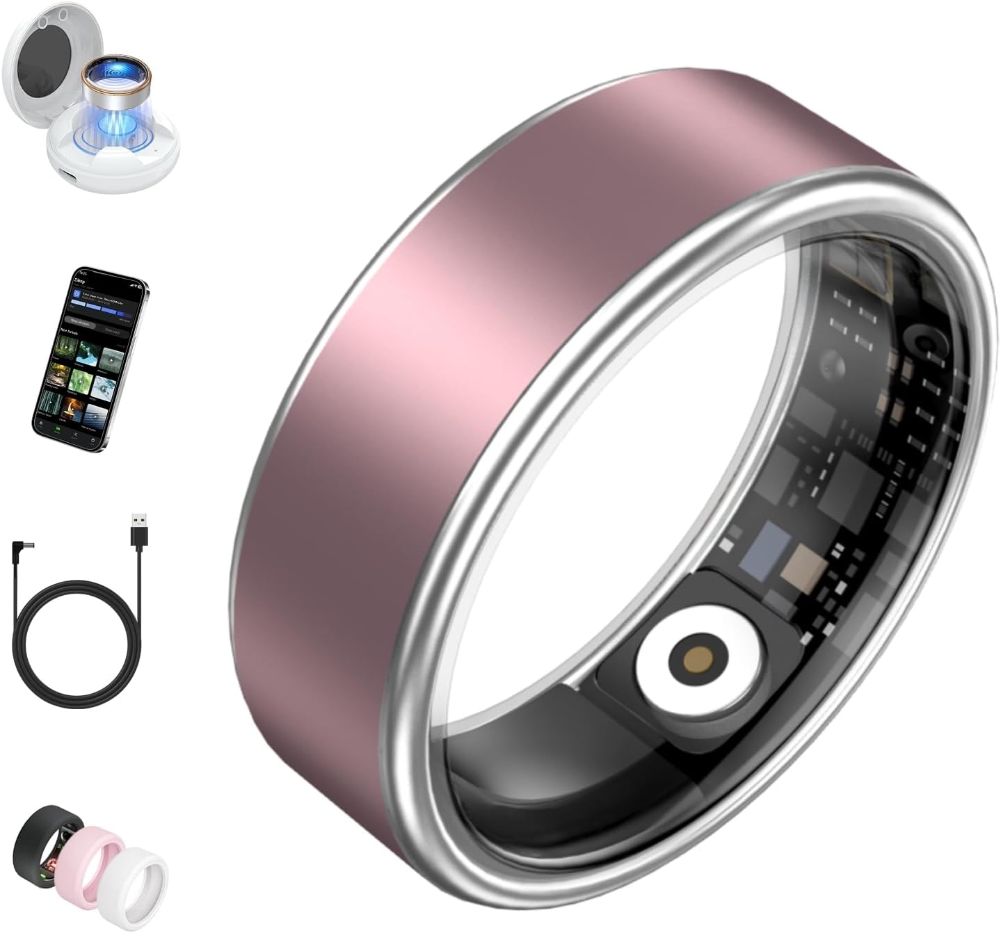 Smart Ring for Women Men, Health Fitness Tracker, IP68 Waterproof, Long Lasting Batteries Sleep Ring with Charging Case and Protector, Remote Photography, No App Fees (Pink, 11#)