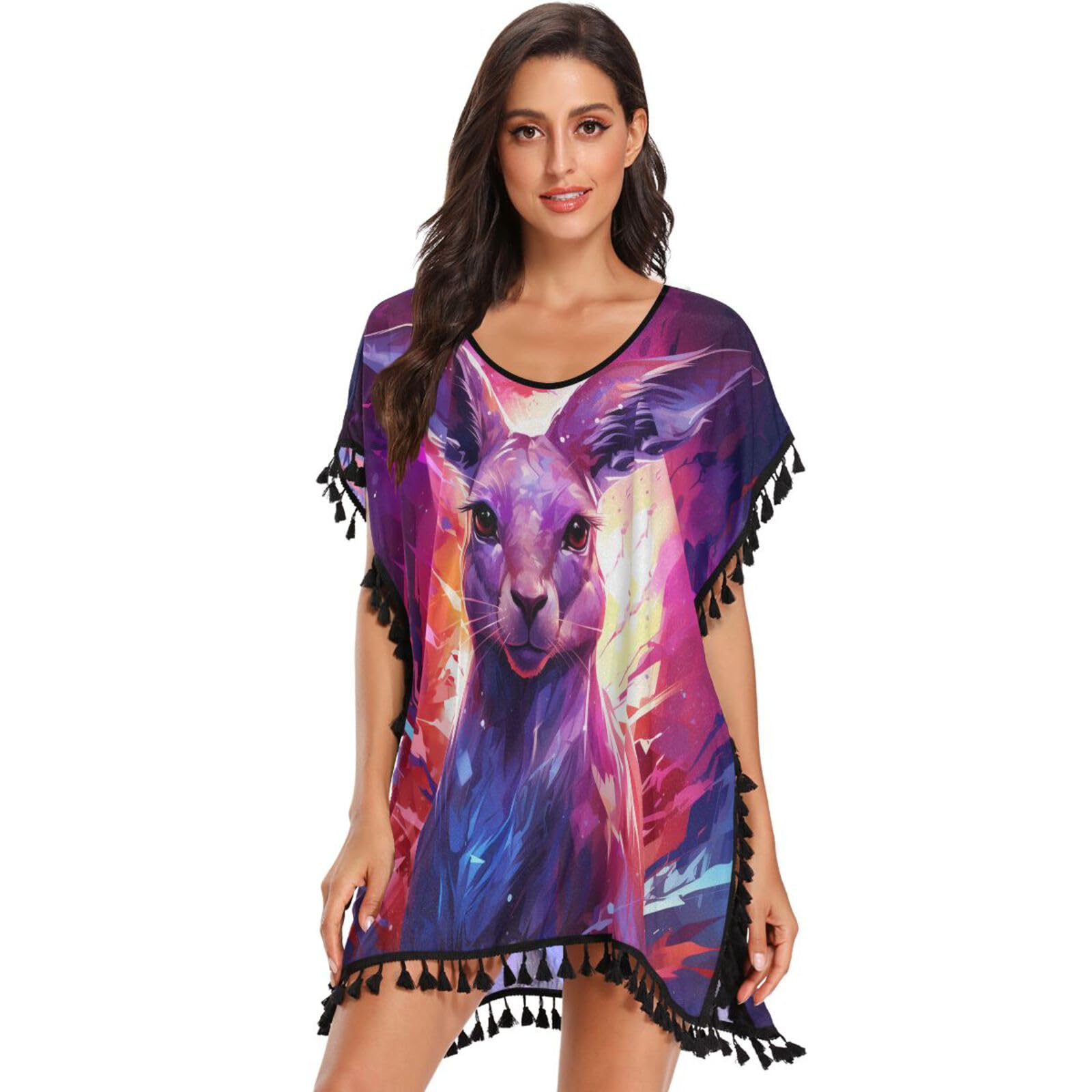 Purple Abstract Fire Kangaroo Women's Beach Cover Up Chiffon Tassel Swimwear Swimsuit Coverups for Girl