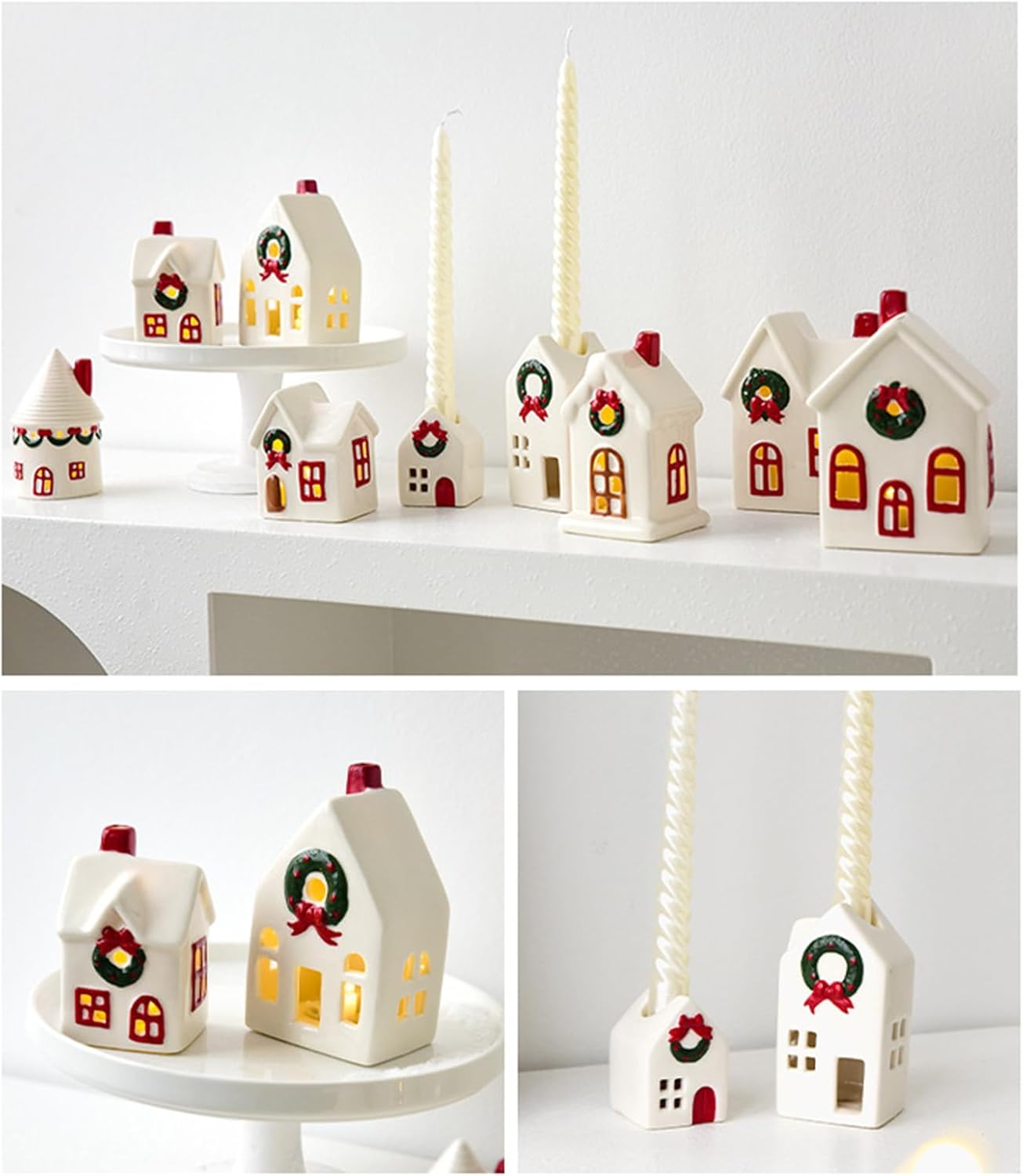 Festival Ceramic House Holders Battery Powered Christmas Decoration Winter Display Gift Cottages Houses Ceramic Holders
