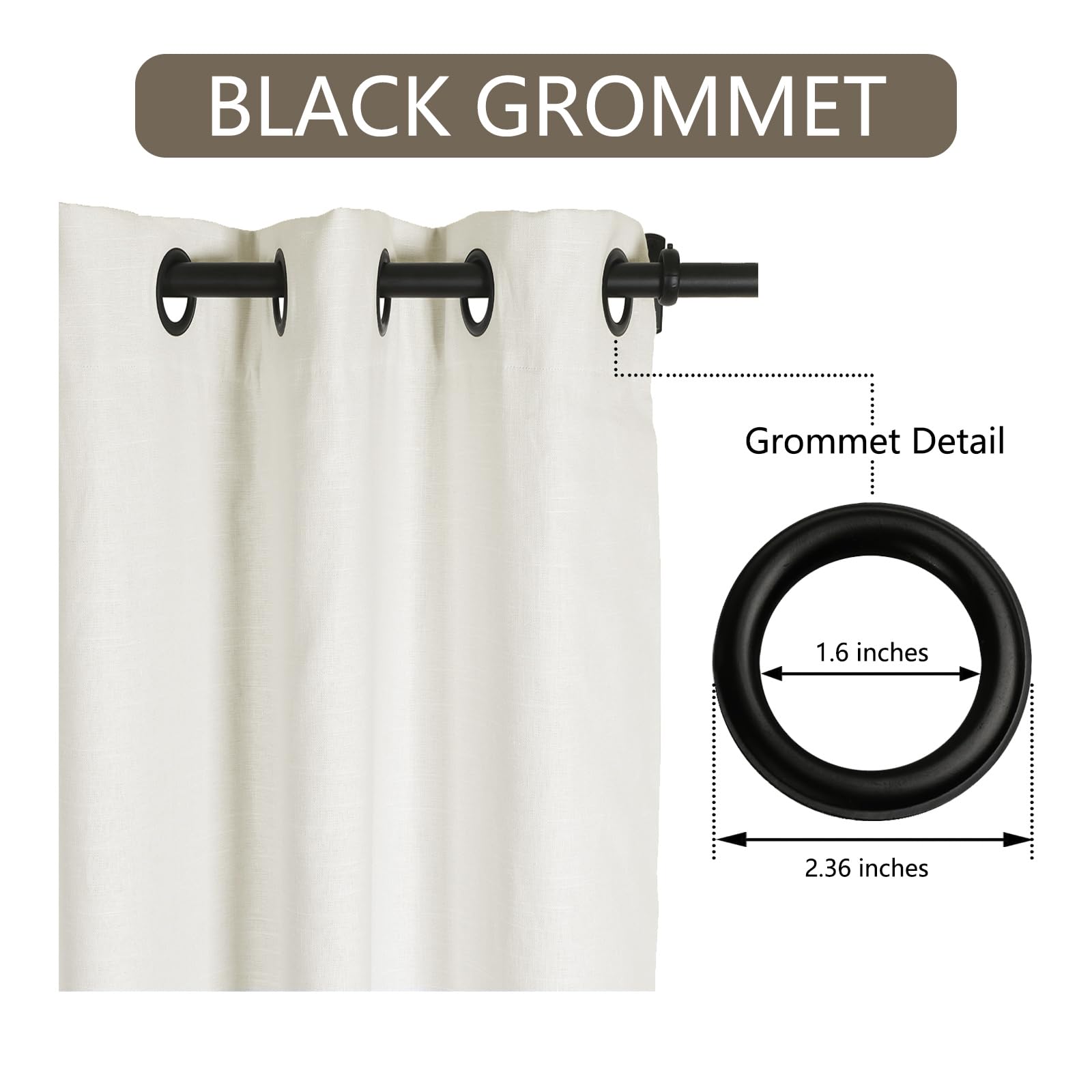 ChadMade Natural Cotton Linen Blend Curtain 90 Inches Long Black Grommet Drape for Kids Room, Light Filtering Lined Drape Privacy Window Treatment (50