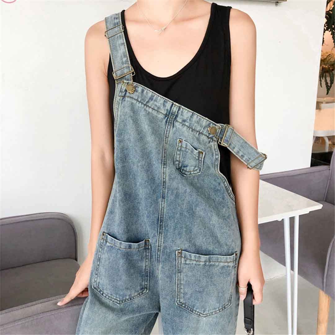 Suwequest Tuta da donna in denim autunno jeans tuta tasche tinta unita pagliaccetti salopette salopette vintage