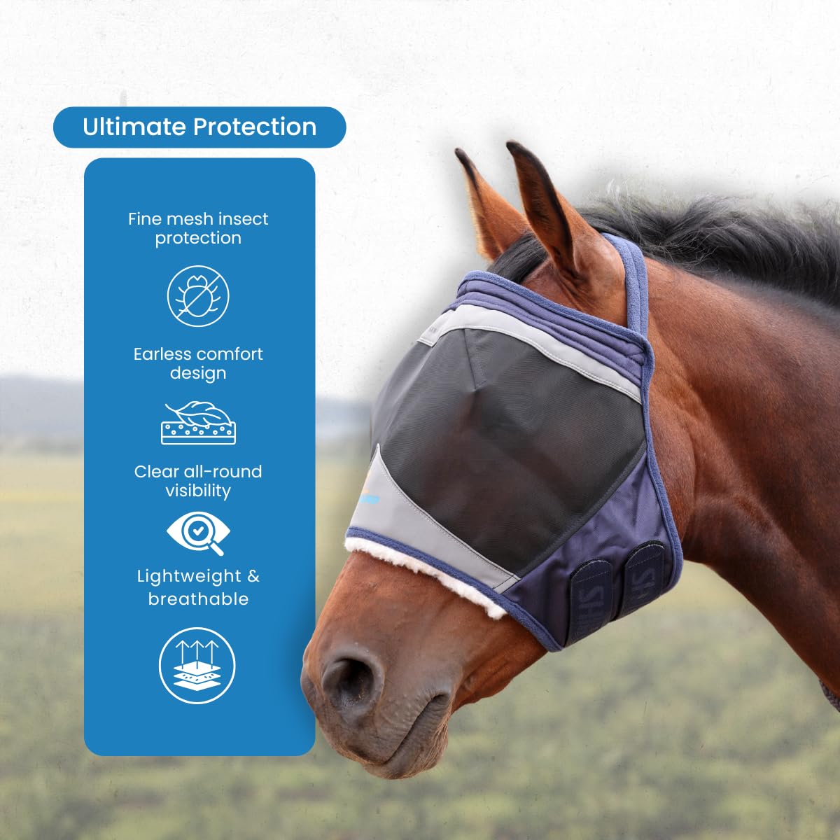 Shires FlyGuard Pro - Máscara de malla fina sin orejas, tamaño pony, poliéster ligero, protección contra moscas e insectos, malla fina transpirable para participación, pastoreo y uso estable, color