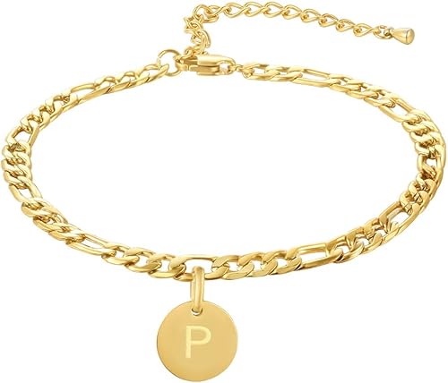 Miniatura 2 de Tobilleras con iniciales chapadas en oro de 18 quilates y plata para mujer, de acero inoxidable quirúrgico, cadena Figaro, joyería de playa,