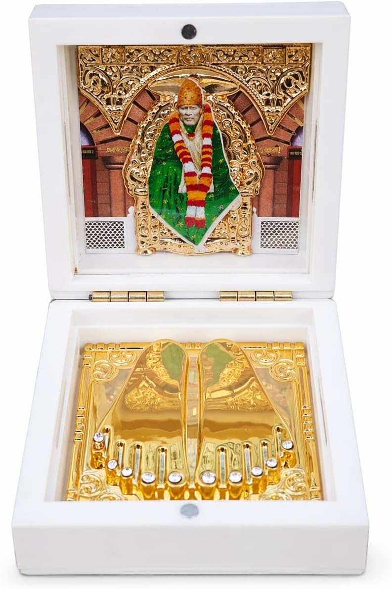 Sai Amrut Gifts Gold Plated Shirdi Sai Baba Idol with Paduka Gift Box for Birthday, Office Party - Home Decor (Gold Plated Box 1)