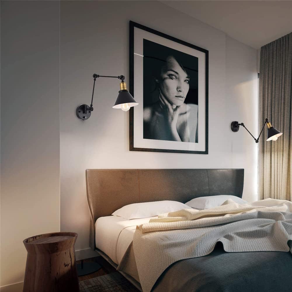 ヴィンテージインダストリアルプラグインウォールスコンス - 調光可能なスイングアームブラックライト器具。寝室、リビングルーム、化粧台