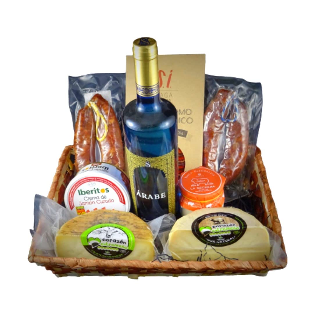 Cesta de Regalo para Empresas con Chorizo Ibérico, Lomo Ibérico, Queso de Cabra, Vino Blanco Árabe – Corazón Extremeño