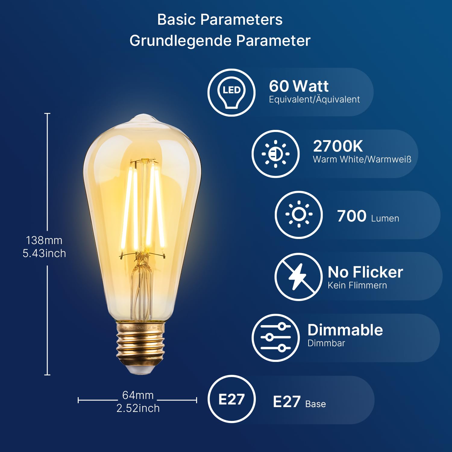 FLSNT Dimmerabile Vintage LED Lampadine Edison E27, ST64 Retro LED filamento Lampen, 7W (equivalenti a 60W), Bianco caldo 2700K, 700 Lumen, Vetro Ambrato, Confezione da 6