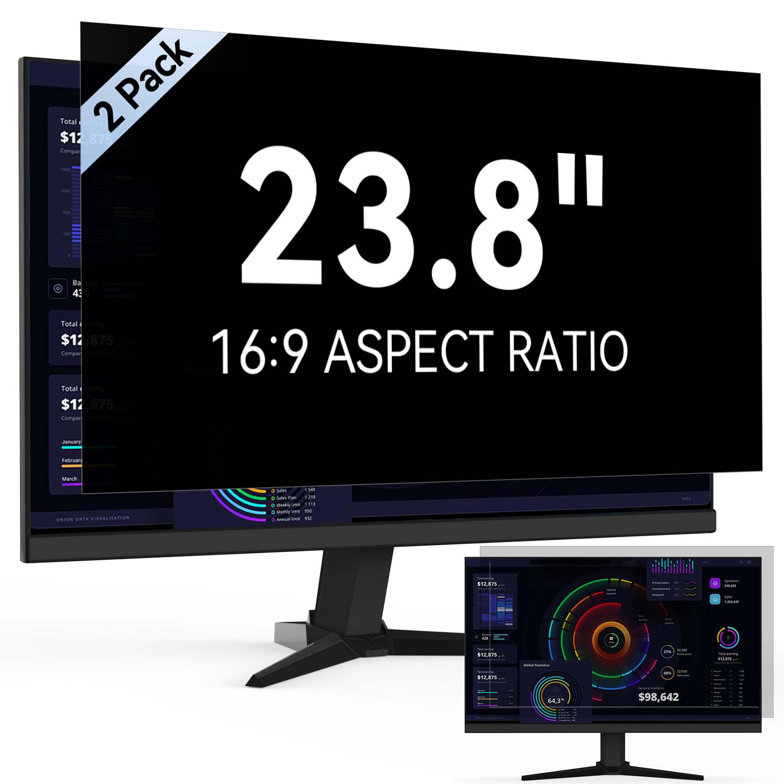 2 Stück Computer Monitor Sichtschutzfilter 23.8" Seitenverhältnis 16:9 | Anti Blaulicht Blendschutz Displayschutz Abnehmbarer Sichtschutz Blickschutzfolie Kompatibel mit Lenovo/HP/Dell/Acer/Samsung