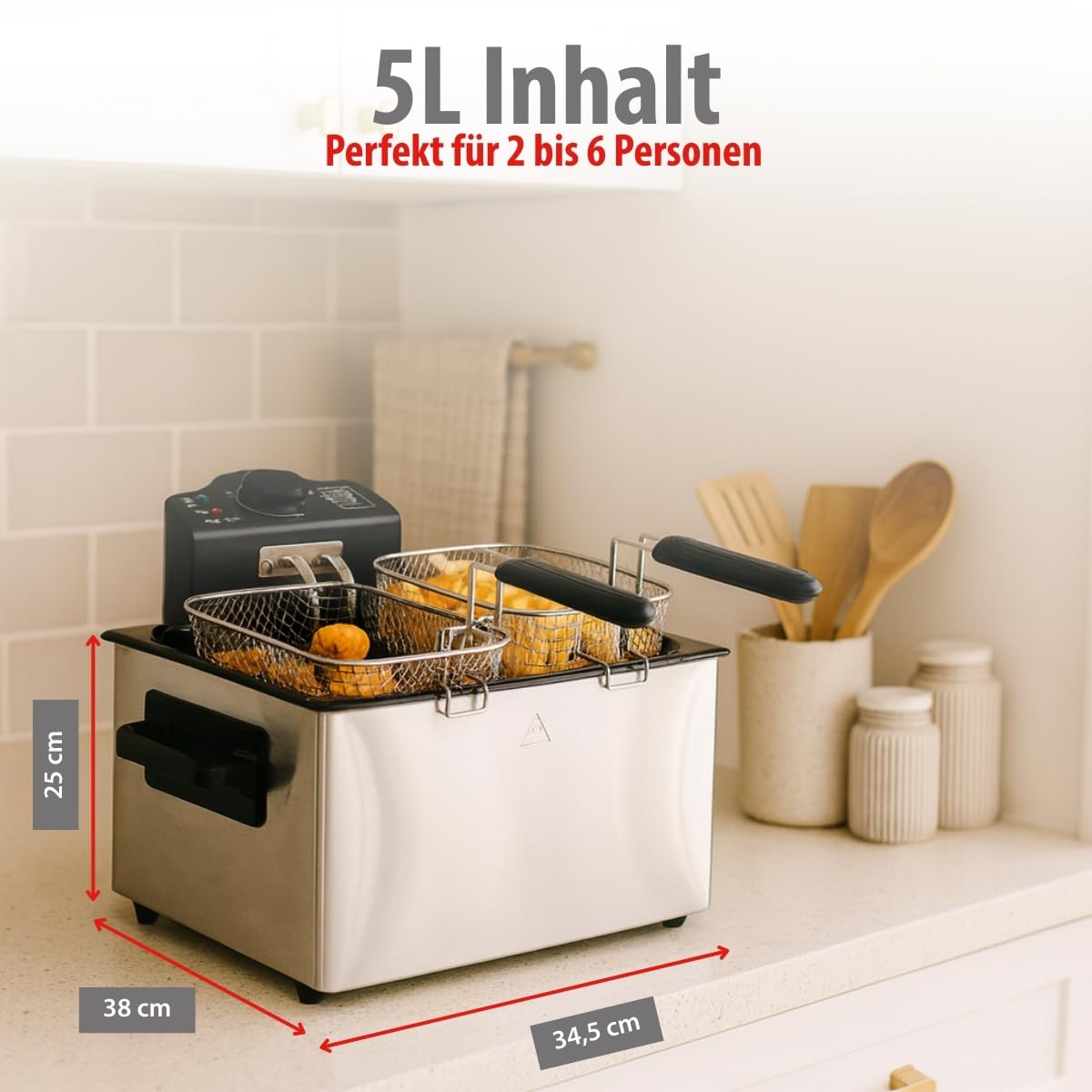 alpina Doppel Friteuse 5L WJ-801 - Fritteuse mit Öl 200W - Fritöse mit 3 Körbe - Einstellbarer Thermostat bis 190 °C - Geschützt gegen Überhitzung - Perfekt für Pommes oder Snacks - Edelstahl - Silber