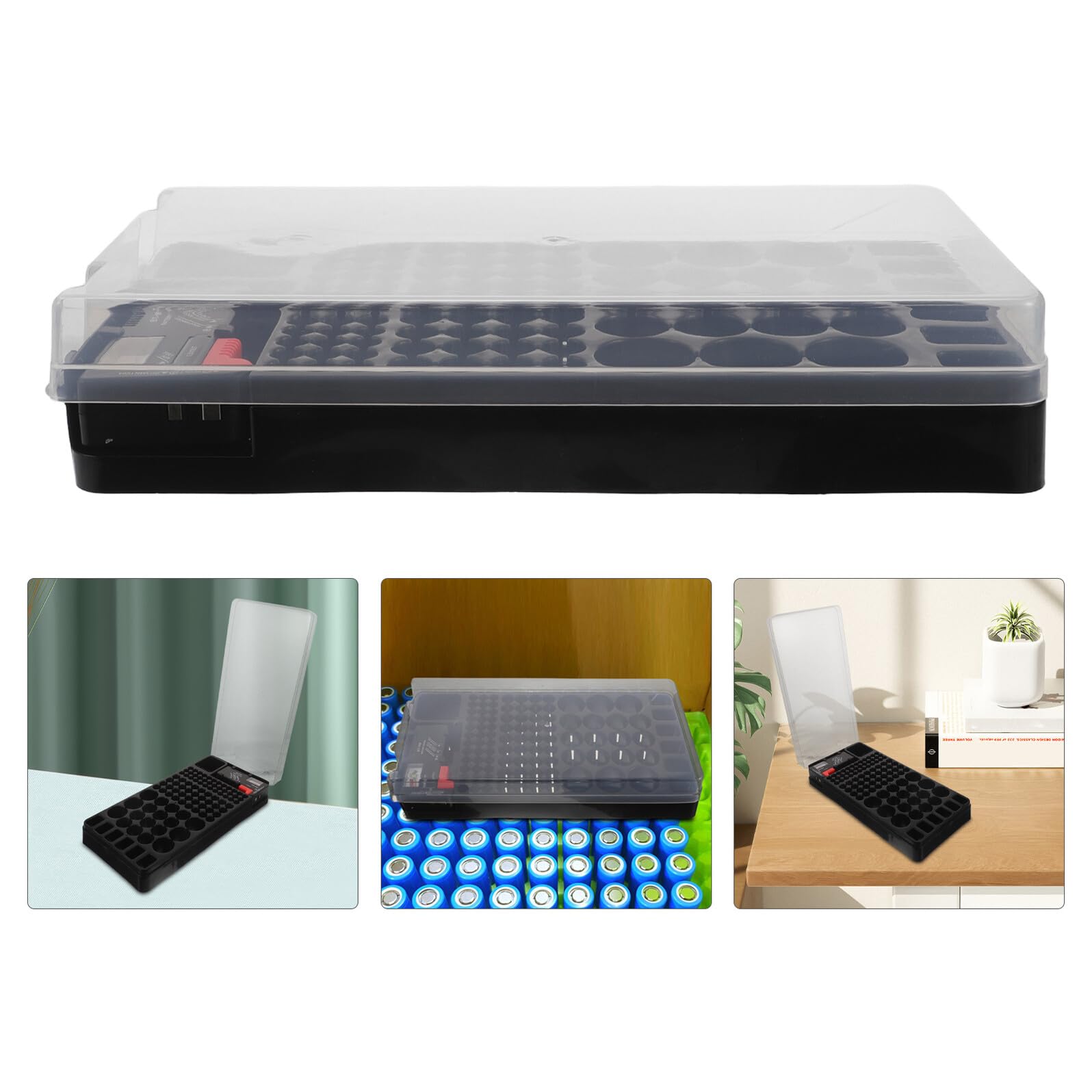 Kit Custodia Batteria in Plastica Trasparente Tester LED Integrato, Portabatterie Portatile Scomparti per Batterie Aa Aaa Cella d 9v, Organizer da Parete Sicuro per Uso Domestico