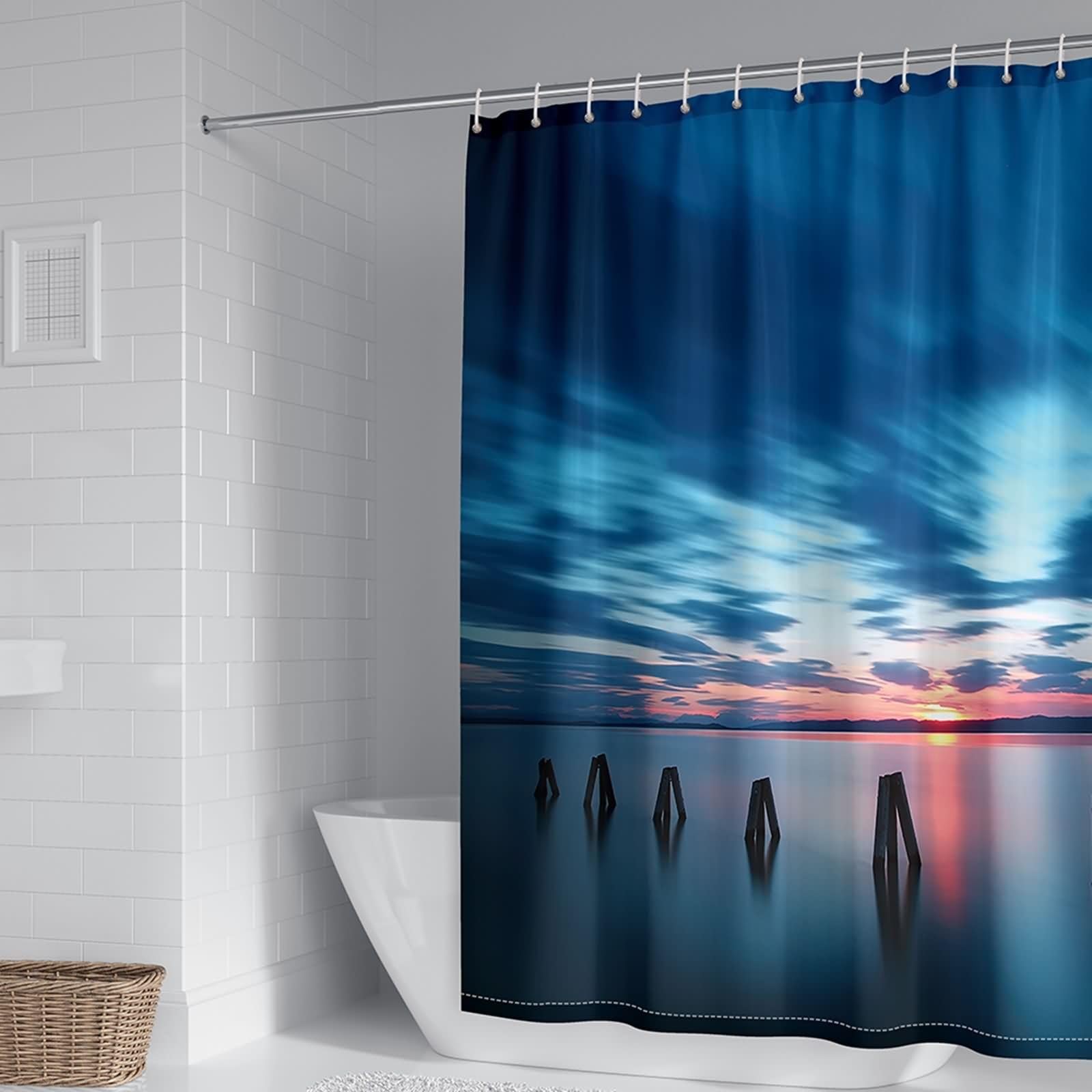 Rideau de douche bleu effet coucher de soleil KnSam pour une salle de bain évasion marine