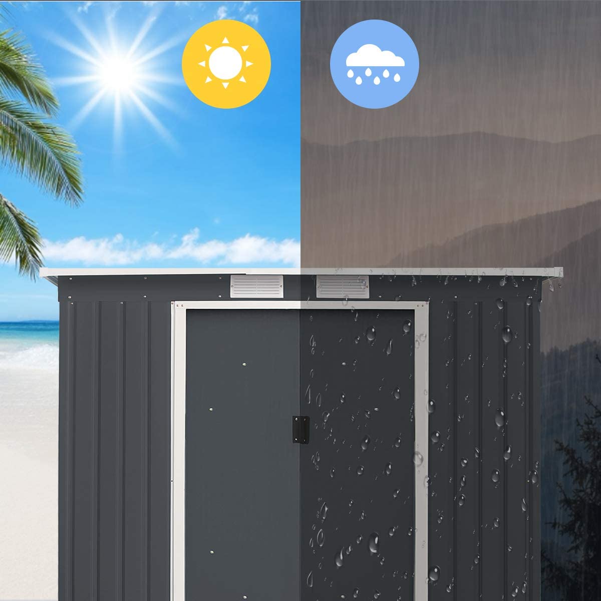 GOPLUS metalowy domek na narzędzia 2,37 m², 213 x 130 x 173 cm, szopa ogrodowa z drzwiami przesuwnymi i oknami oraz fundamentem, ocynkowany, odporny na warunki atmosferyczne domek ogrodowy do ogrodu