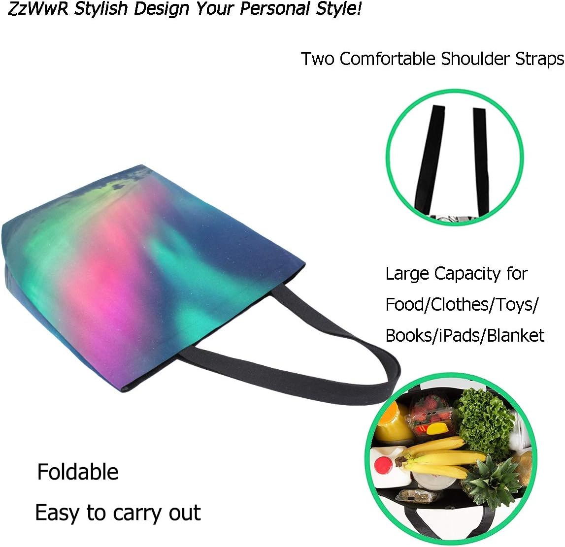 Chic Extra Large Shoulder Grocery Tote Bag, 3d Beautiful Massive Multicoloured Aurora Print Canvas Reusable Handle Bags for Men Women Gym Weekender Picnic Beach Travel Home Storage Market Shopping - Image 2