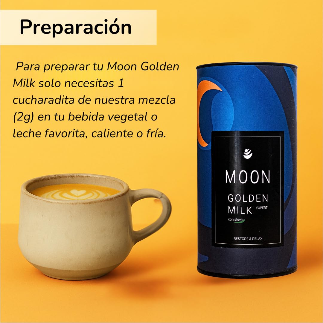 Moon Golden Milk Expert con Stevia 150gr (75 porciones) - Leche dorada en polvo - Mezcla de Curcuma en polvo, Ashwagandha, Jengibre, Stevia y Pimienta negra con alta concentración de curcumina