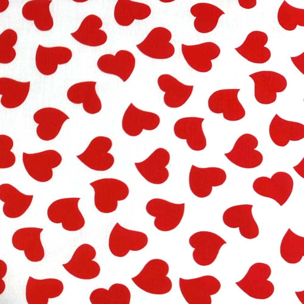 Polycotton Fabric Tossed Love Hearts Valentines Heart Romance (Price Per Metre) (Red)