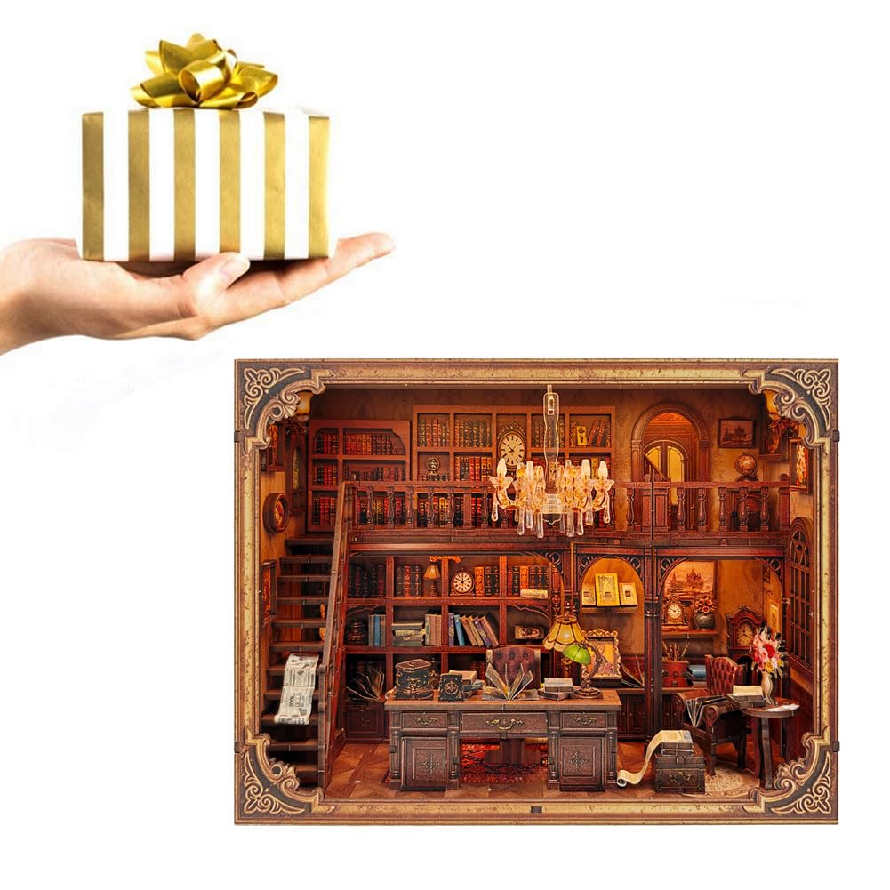 Set fai da te libreria in miniatura, modello di un archivio con rulli antichi, accessori per case delle bambole con illuminazione a LED, regalo di compleanno per familiari e amici
