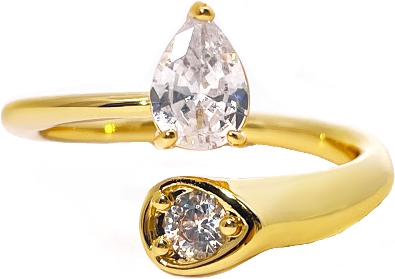 TIANYU GEMS Open Adjustable Ring for Women, 14K Gold Plated Stacking Ring with Pear & Round Zircon, Size 4.5-8.5, Elegant Minimalist Dainty Jewelry Gift for Her