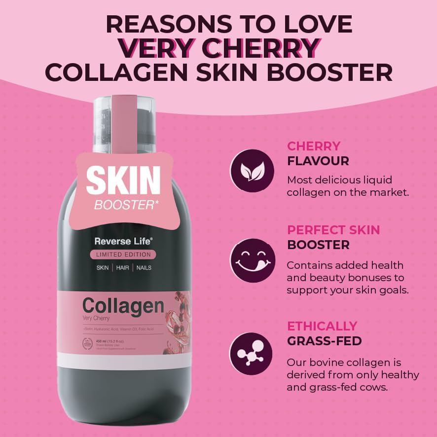 Reverse Life - Limited Edition Very Cherry Skin Booster - 5,000mg Hydrolysed Collagen with Biotin, Vitamin C, B12 & Folic Acid - 30-Day Dose - Collagen Supplements - 450ml 61aOLAZusAL. AC