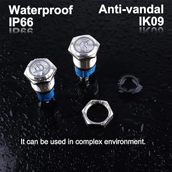 5Pcs 16mm Metal Latching Push Button Switch Waterproof Silver Shell 12V-24V 1NO 1NC ON-Off for 5/8 Mounting Hole with Pigtail Power Symbol Blue LED