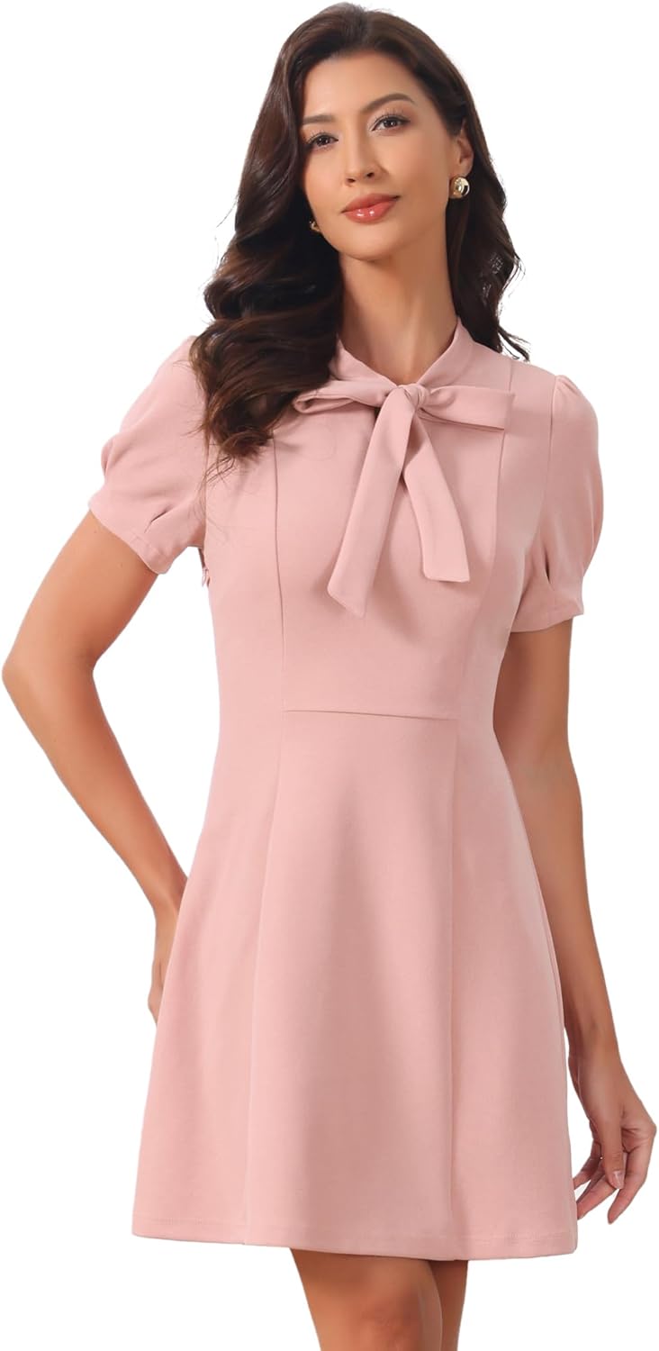 Allegra K Work Dresses for Women's Tie Neck Puff Short Sleeve Business Office Short Dress