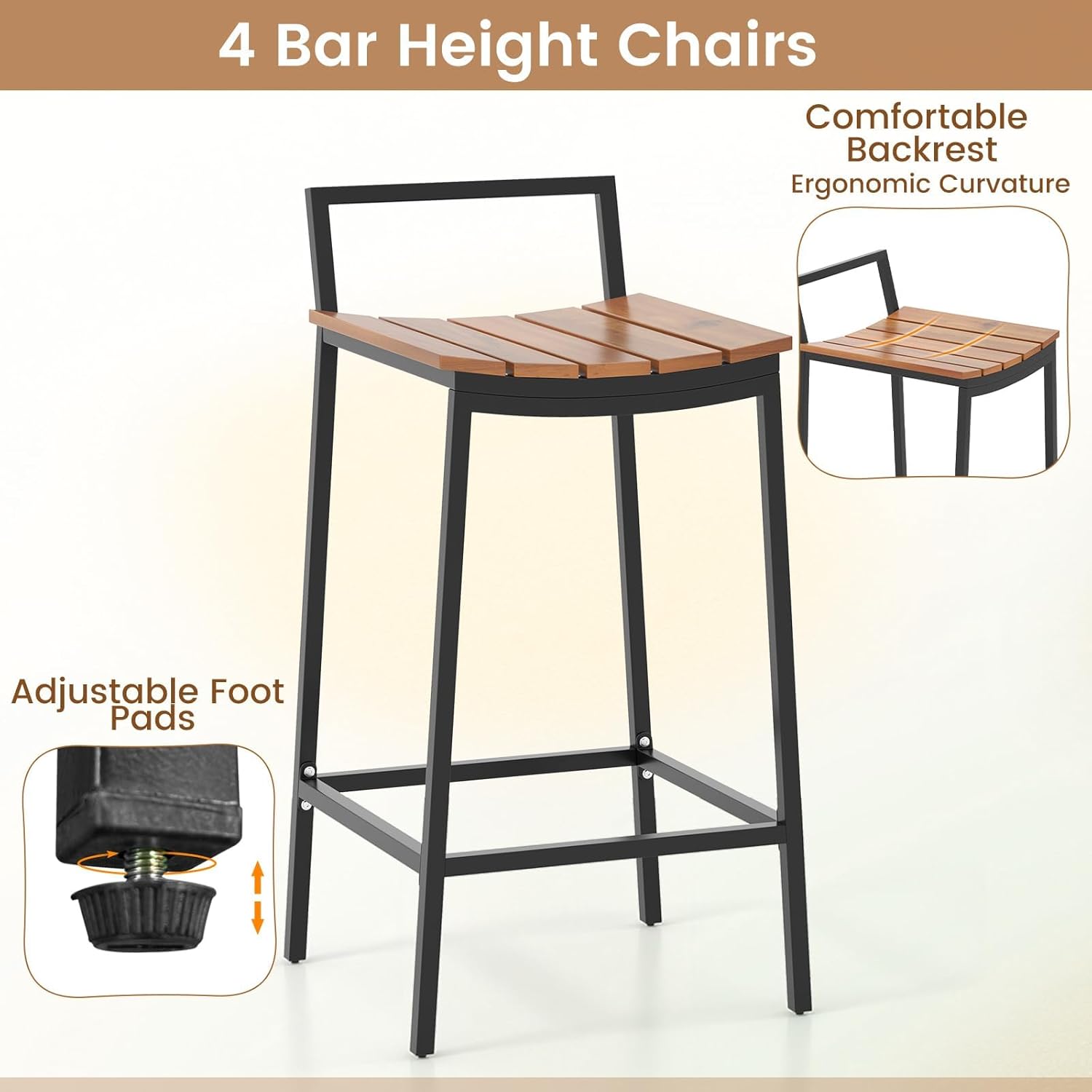 HAPPYGRILL 5 Pieces Acacia Wood Patio Bar Set, Outdoor Bar Table Chairs Set with Metal Frame & Footrest, Patio Furniture for Porch Poolside Backyard