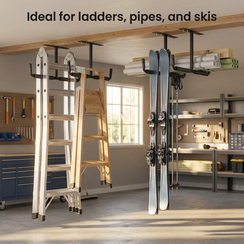 QWORK Overhead Ceiling Hooks Rack – Heavy Steel Storage Hangers for Garage, Workshop & Basement