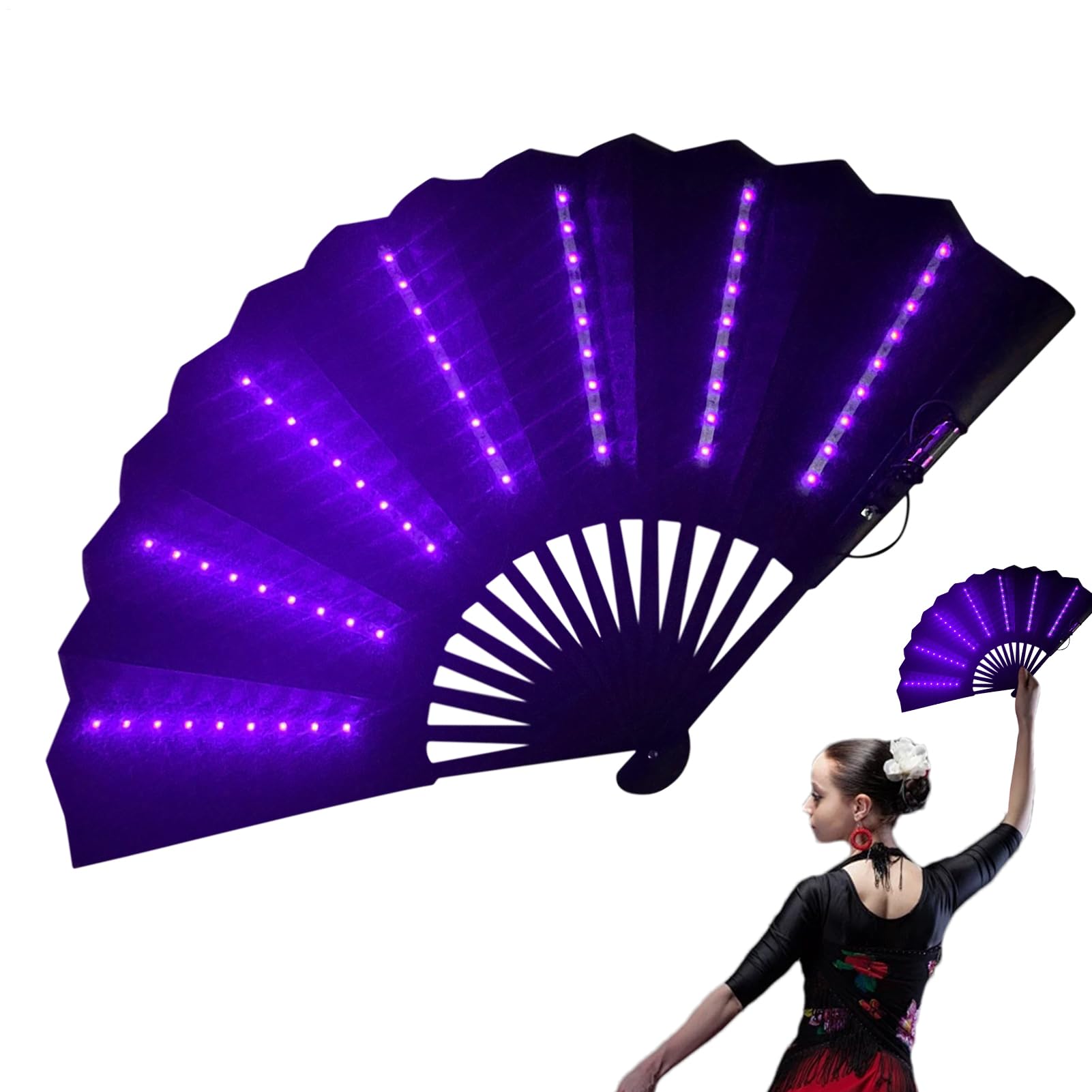 Ventilador de mano plegable LED, ventilador chino portátil con luz, ventiladores iluminados a pilas para festivales, escenarios, bailes, discotecas, carnavales, accesorios (morado)