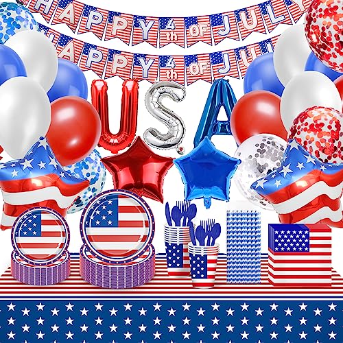 NWOMJTV 4th of July Party Supplies Pack - Red, White, Blue Stars and Stripes Tablecloths, Paper Plates, Napkins, Cups, Flatware, Straw, Banner, Balloons for Patriotic Celebration