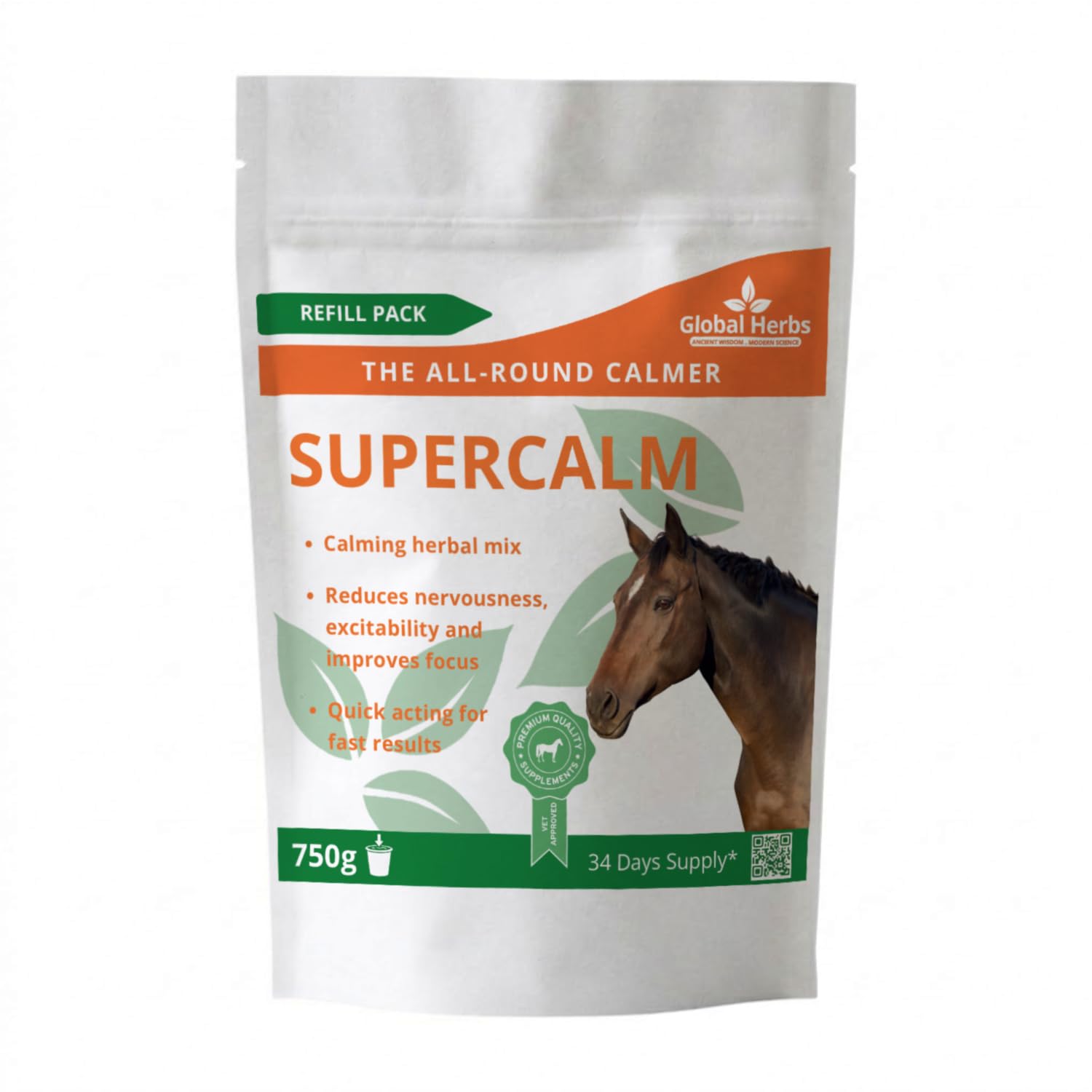 Global Herbs SuperCalm for Horses 750g Refill Pouch Calm, Focus & Behaviour Support Herbal Supplement