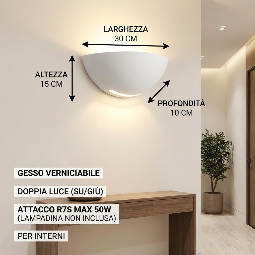 MAKA Applique Lampada da Parete in Gesso Luna Bianca, doppia luce attacco r7S max 50W(lampadina non inclusa),verniciabile per interni ideale per scale, soggiorno, cucina, ingresso