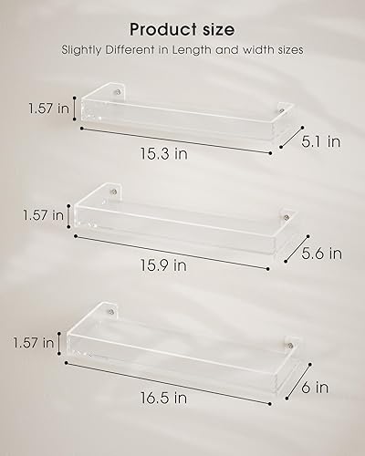 Miniatura 3 de MaxGear Acrylic Clear Floating Shelves with Edge, Wall Mounted Hanging Bookshelves, Decorative Display Wall Shelves Storage Organizer for Bathroom,