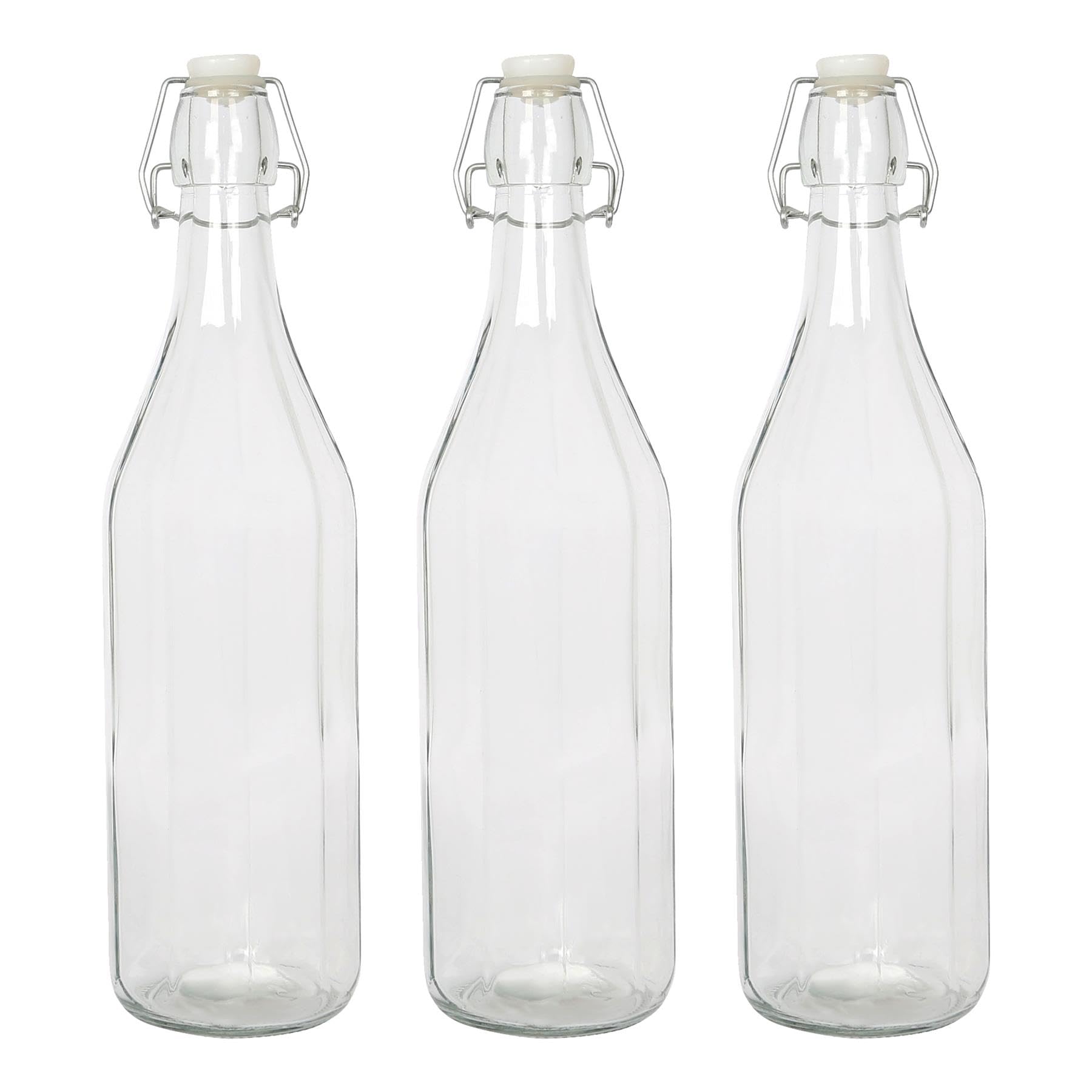 Argon Tableware 1.1 Litre Glass Bottles with Swing Top - Clear - 3x Reusable Empty Water Wine Milk Olive Oil Juice Gin Home Brew Brewing Drinking Fridge Dispenser Storage Jars with Stopper Lid