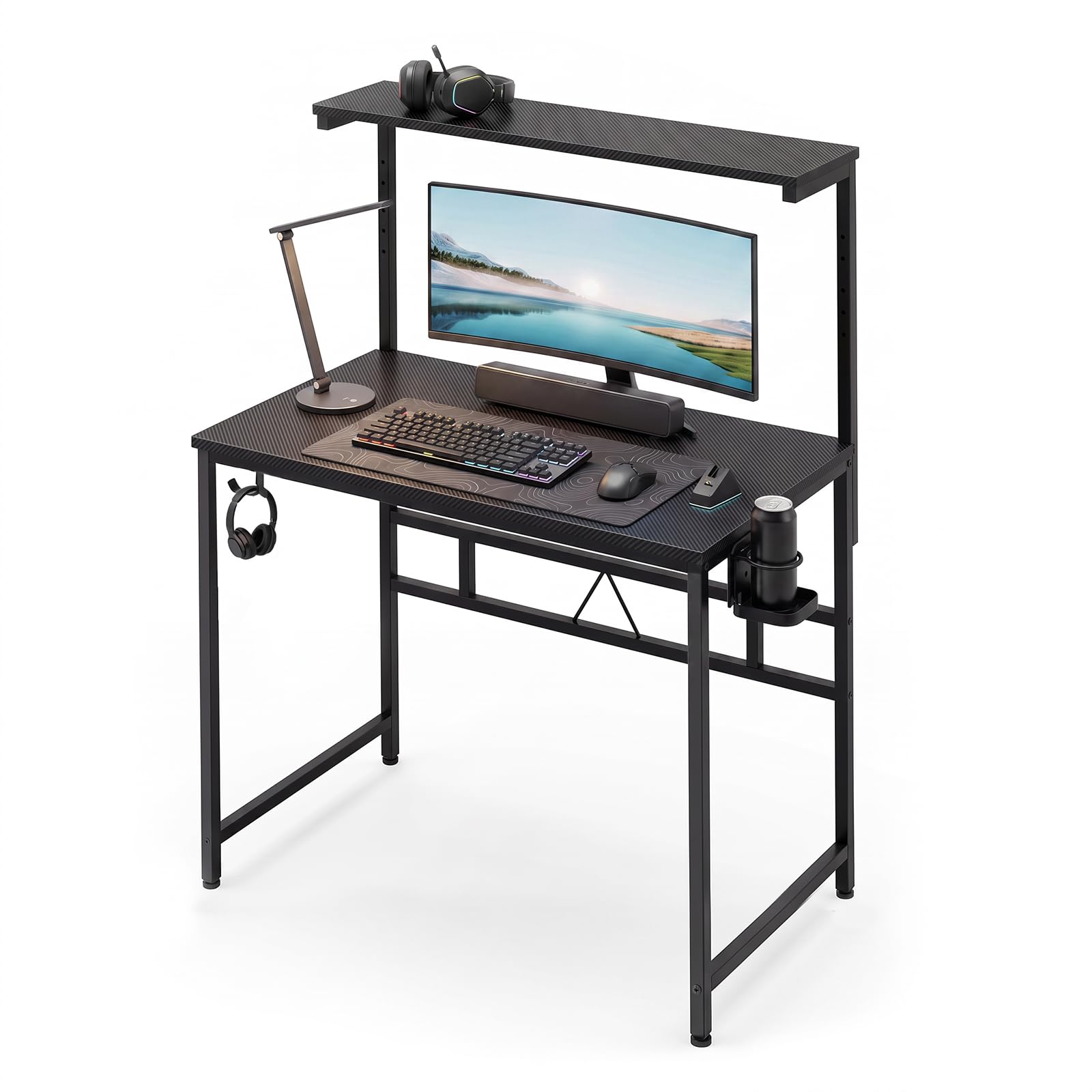 Levede Small Gaming Desk 80cm, Height Adjustable Computer Desk with Cup Holder & Headphone Hook, Space Saving PC Laptop Table for Home Office Bedroom Study Student Dorm, Black